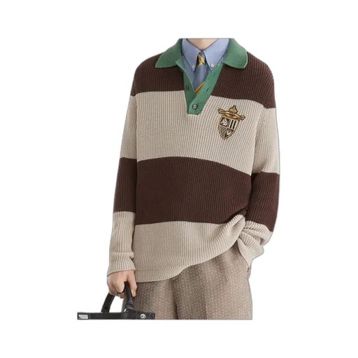 Crest Embroidered Striped Knitted Polo Shirt