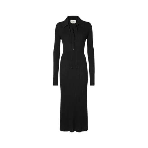Ribbed-Knit Long Sleeved Drawstring Midi Dress