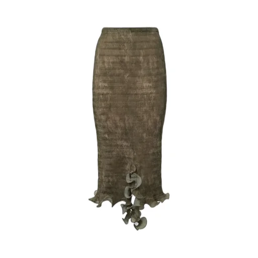Printed Pleated Ruffled-Hem Midi Pencil Skirt