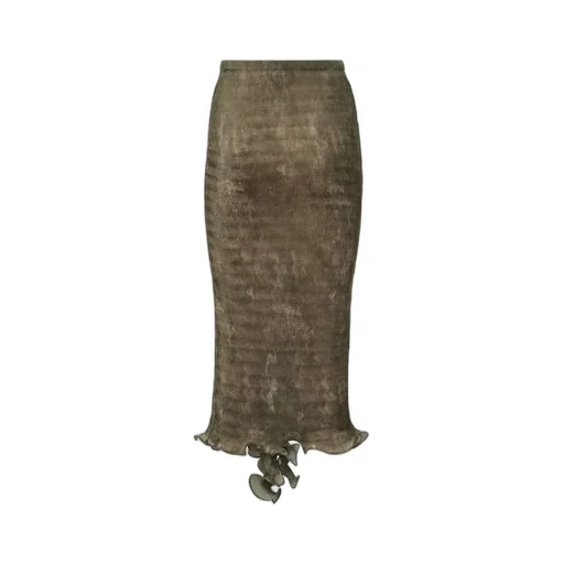 Printed Pleated Ruffled-Hem Midi Pencil Skirt