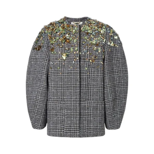 Cocoon-Style Embellished Belted Tweed Jacket