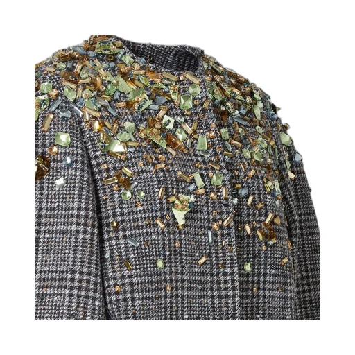 Cocoon-Style Embellished Belted Tweed Jacket
