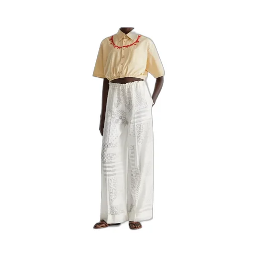 Patchwork Motif Wide-Leg Drawstring Pants