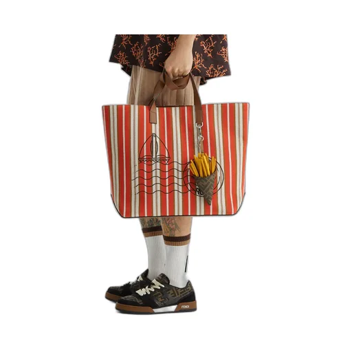 Logo Printed Striped Medium Tote Bag