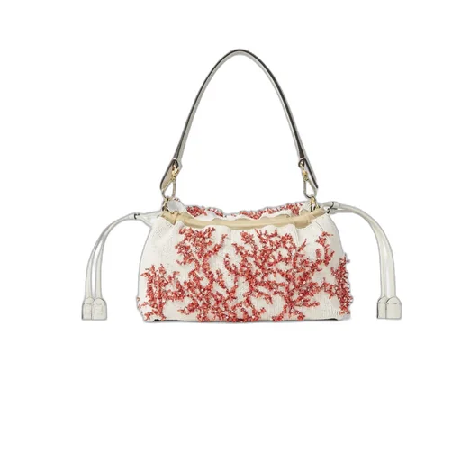 Sea Garden Coral Red And Camellia Embroidered Bag