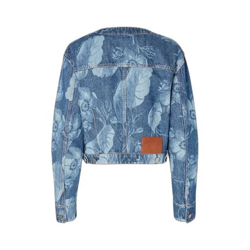 Floral Printed Cropped Crewneck Denim Jacket
