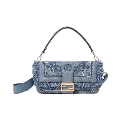Baguette Bandana Embroidered Fringed Denim Shoulder Bag