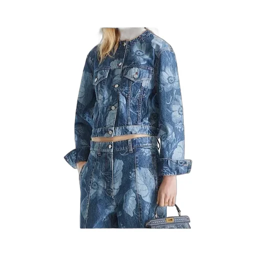 Floral Printed Cropped Crewneck Denim Jacket