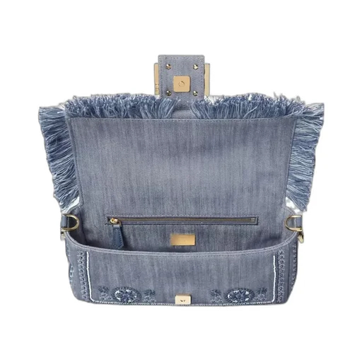 Baguette Bandana Embroidered Fringed Denim Shoulder Bag
