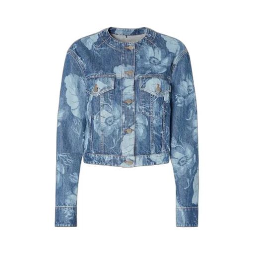 Floral Printed Cropped Crewneck Denim Jacket