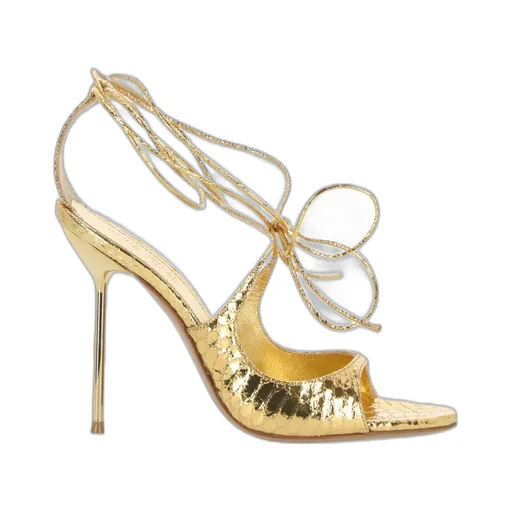 Embossed Ankle Strap Heeled Sandals