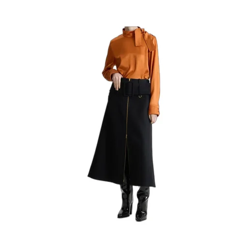 Zip-Front Belted Midi Skirt