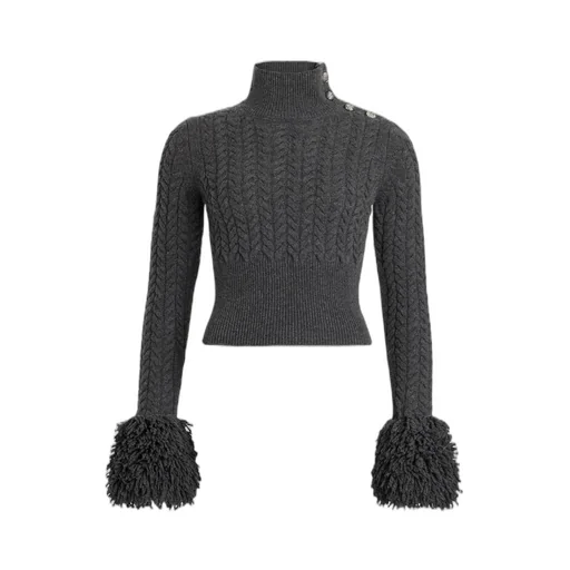 Turtleneck Fringed-Trim Knit Sweater