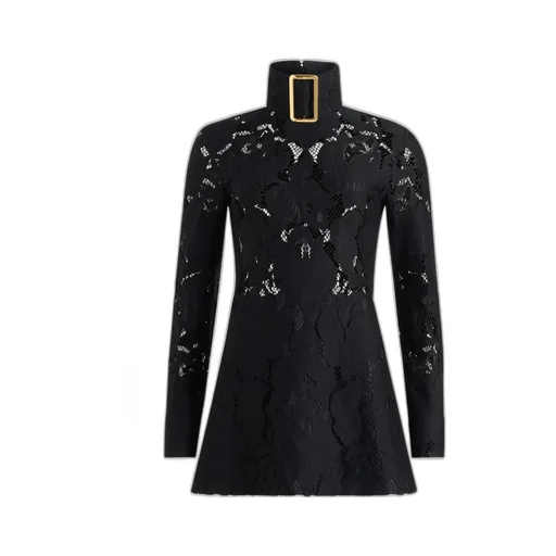 Buckle-Collar Lace Dress