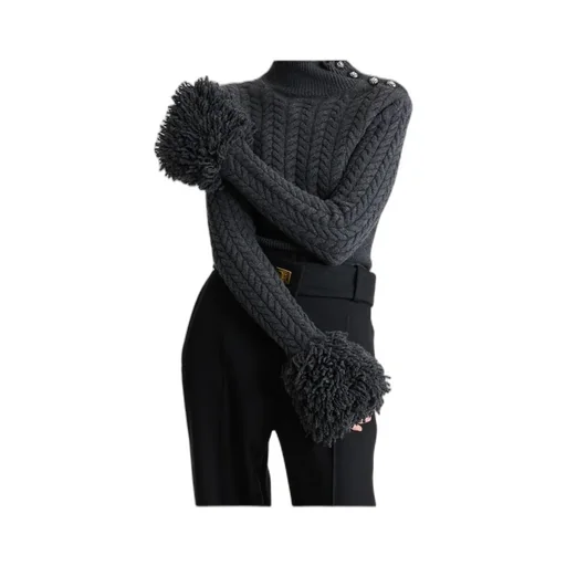 Turtleneck Fringed-Trim Knit Sweater
