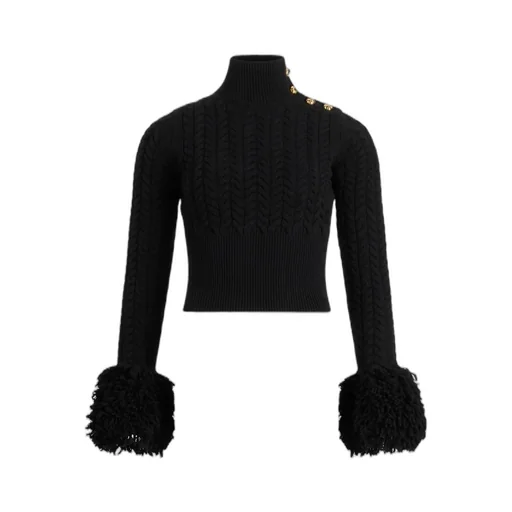Turtleneck Fringed-Trim Knit Sweater