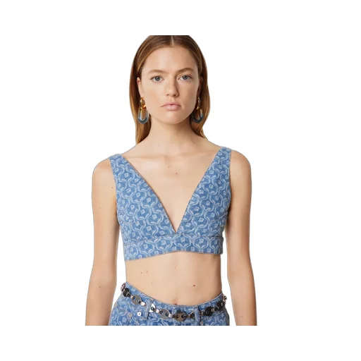 Chain-Print Cropped Denim Top