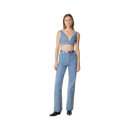Chain-Print Cropped Denim Top