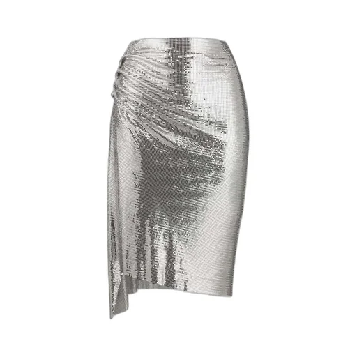 Asymmetric Metallic Ruched Midi Skirt