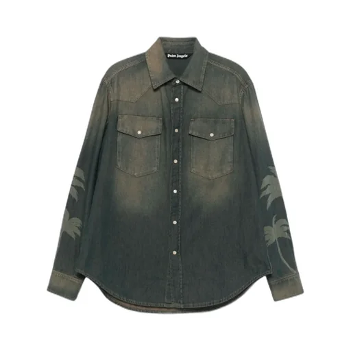 Palm Printed Curved Hem Denim Shirt