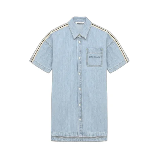 Stripe-Detailed Logo Printed Denim Dress