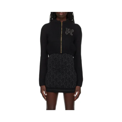 Monogram Embellished Zipped Knitted Cardigan