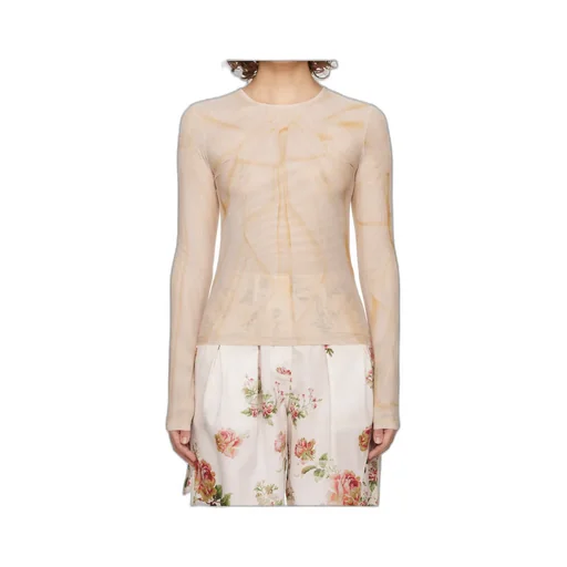 Ribbon Print Mesh Long-Sleeved T-Shirt