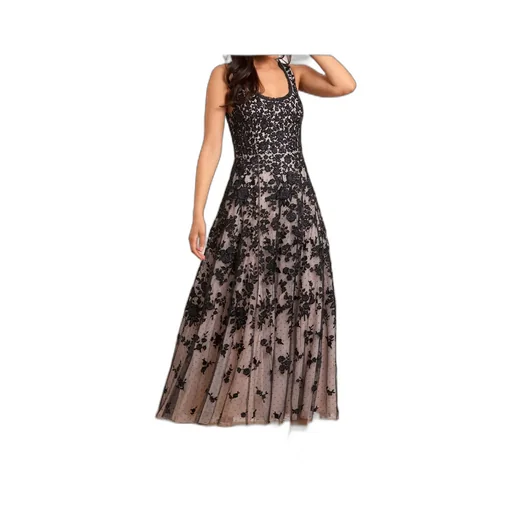Embroidered-Flowers Scoop-Neck Maxi Dress