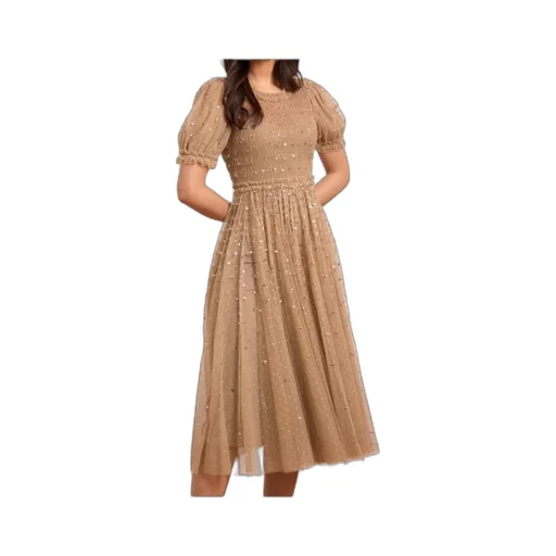Sequin-Embellished Smocked Midi Dress