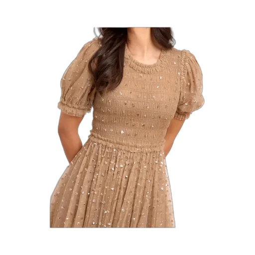 Sequin-Embellished Smocked Midi Dress