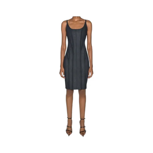 Mesh-Panel Denim Midi Dress