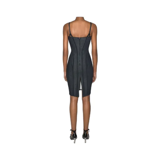 Mesh-Panel Denim Midi Dress
