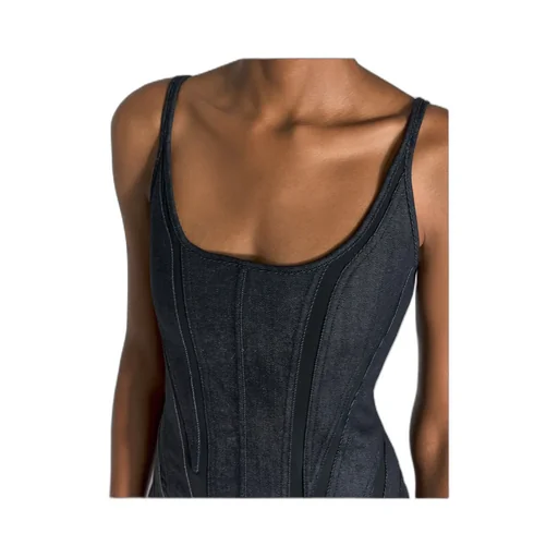 Mesh-Panel Denim Midi Dress