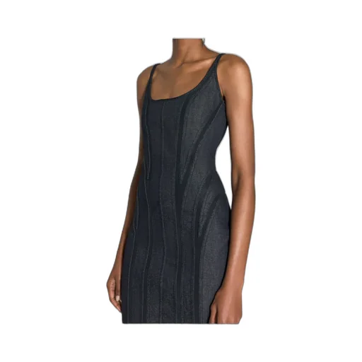 Mesh-Panel Denim Midi Dress