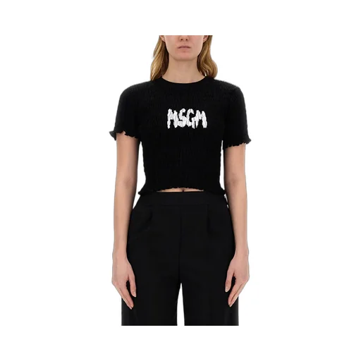 Logo-Printed Smocked Cropped Top