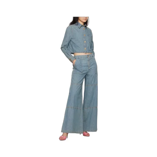 Wide Leg Sewing Detail Denim Trousers