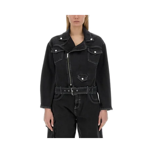 Zipped Belted Denim Biker Jacket