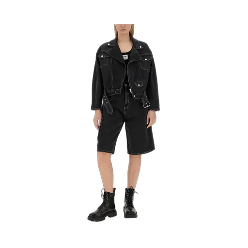 Zipped Belted Denim Biker Jacket