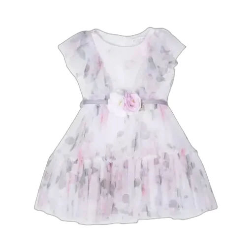 Rose-Printed Belted Tiered Tulle Dress