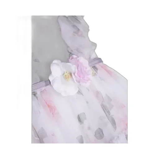 Rose-Printed Belted Tiered Tulle Dress