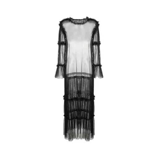Sheer Long-Length Ruffle-Trim Dress