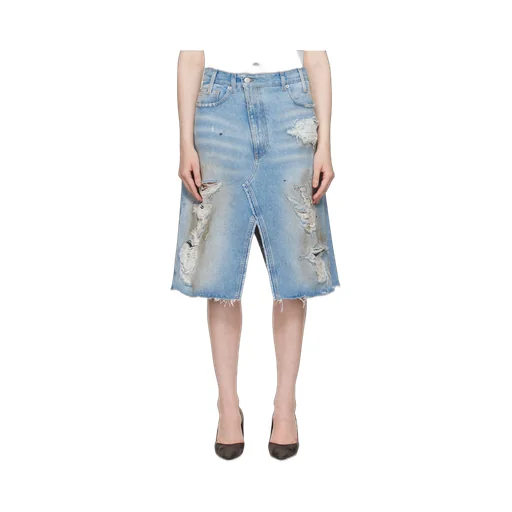 Ripped Front Slit Midi Denim Skirt