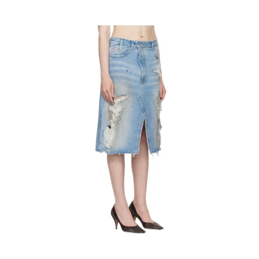 Ripped Front Slit Midi Denim Skirt