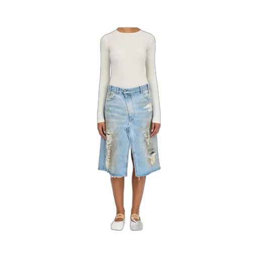 Ripped Front Slit Midi Denim Skirt