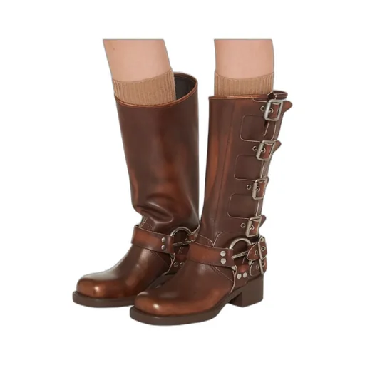 Buckle-Detailed Round Toe Boots