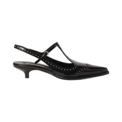 Brushed Leather Brogue Slingback T-Strap Pumps