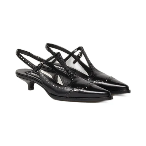 Brushed Leather Brogue Slingback T-Strap Pumps