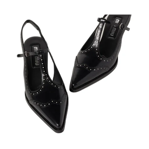 Brushed Leather Brogue Slingback T-Strap Pumps