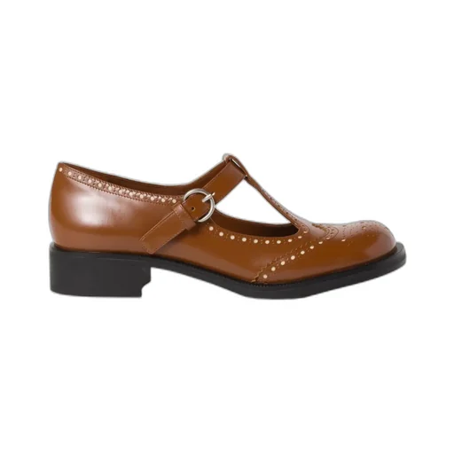 Round-Toe T-Strap Brogue Shoes