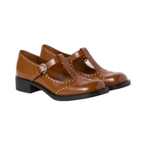 Round-Toe T-Strap Brogue Shoes